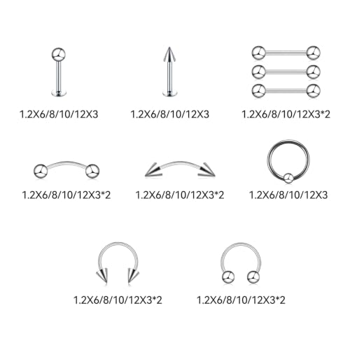 40 PCS 16G Lip Rings, Stainless Steel Horseshoe Labret Monroe Studs Eyebrow Rings Nose Rings, Body Piercing Jewelry Set for Women Men