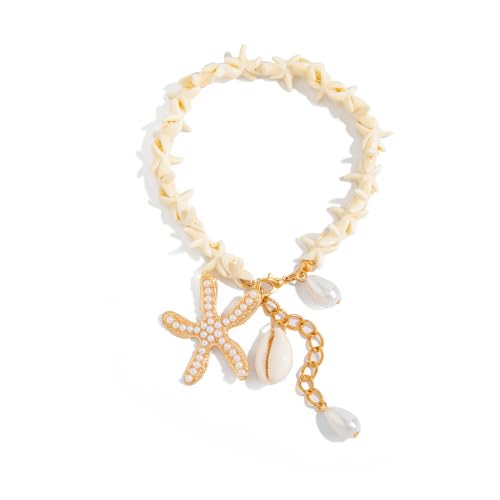 Gold Starfish Shell Pearl Charm Ankle Bracelet Summer Beach Foot Jewelry - color: White