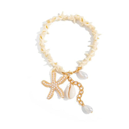 Gold Starfish Shell Pearl Charm Ankle Bracelet Summer Beach Foot Jewelry - color: White