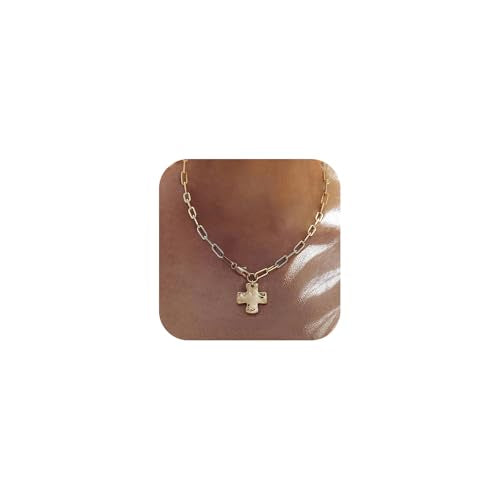 Bheop Chunky Cross Necklace for Women, 14K Gold Silver Statement Necklace | Sturdy Paperclip Chain, Hammered Pendant, Vintage Charm, Trendy Costume Jewelry, Faith Christian Religious Gift, Non Tarnish - style: GD-Cross Necklace(1 inch Pendant)