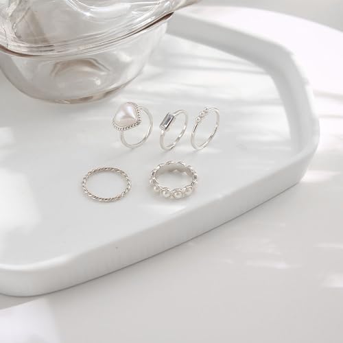 5Pcs Silver Plated Rings Set Female Pearl Heart Pearl Beads Joint Knuckle Rings Dainty Twist Midi Tail Finger Rings Y2k Heart Rings Dainty Faux Pearl Stackable Rings Sets Valentine's Day Xmas Gift - color: 5pcs silver set
