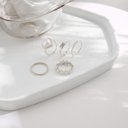 5Pcs Silver Plated Rings Set Female Pearl Heart Pearl Beads Joint Knuckle Rings Dainty Twist Midi Tail Finger Rings Y2k Heart Rings Dainty Faux Pearl Stackable Rings Sets Valentine's Day Xmas Gift - color: 5pcs silver set