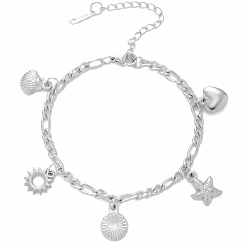 Jude Jewelers Stainless Steel Summer Holiday Clam Sun Heart Charms Strand Bracelet - color: Silver
