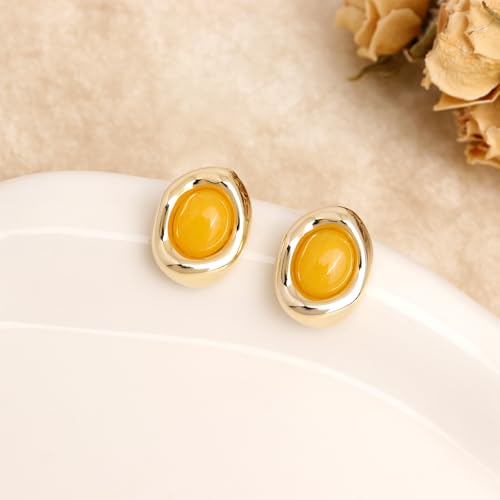 Jean Beau Chunky Gold Stone Stud Earrings for Women, Trendy Natural Gemstone Hypoallergenic Earing Valentine Jewelry Gift - color: Canary Yellow