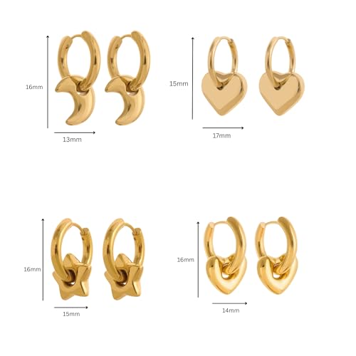 18K Gold Plated Huggie Hoop Earrings for Women, Waterproof Stainless Steel Celestial Moon Star Heart Charm Chunky Everyday Earrings - style: Star