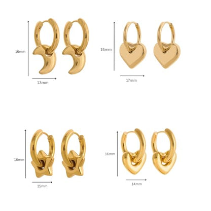 18K Gold Plated Huggie Hoop Earrings for Women, Waterproof Stainless Steel Celestial Moon Star Heart Charm Chunky Everyday Earrings - style: Star