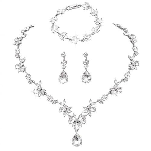 Kamirola Bridal Jewelry Set, Jewelry Set for Women, Necklace Dangle Earrings Bracelet Set, White Gold Plated (TR76) - color: Silver White
