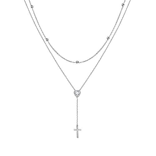 FLYOW Layered Necklace S925 Sterling Silver Y Shaped Jewelry - style: Cross Style
