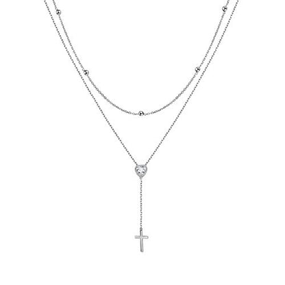 FLYOW Layered Necklace S925 Sterling Silver Y Shaped Jewelry - style: Cross Style