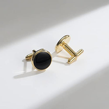 wynameleri Mens Cufflinks and Studs Set Blanks Round 4 Colors Shirt Tuxedo Buttons Packed in Cufflink Box for Business Wedding Jewelry - color: Gold Black