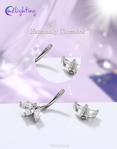Melighting 14G Gold Lotus Belly Button Ring, Double CZ Navel Ring 316L Surgical Stainless Steel Marquise 5A CZ Steel Belly Bar 8 mm/10 mm - color: Steel, size: 14g10mm