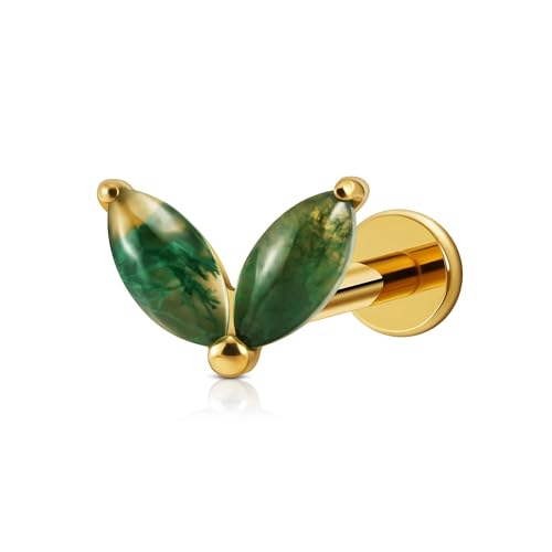 1PC ASTM F136 Titanium Piercing Jewelry for Tragus Conch Helix Flat Labret 18G 6mm 8mm, Cartilage Earring Flatback Stud - color: Moss Agate Grass - Gold