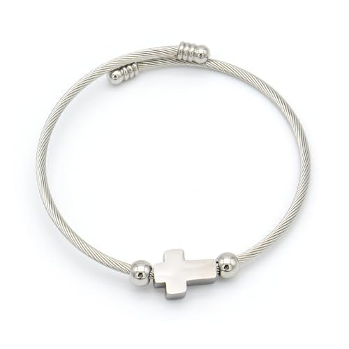 Stainless Titanium Steel Cross Bracelet for Men and Women – Minimalist Adjustable Bangle with Religious Symbol – Hypoallergenic Cable Wire Cuff with Eco-Friendly Packaging