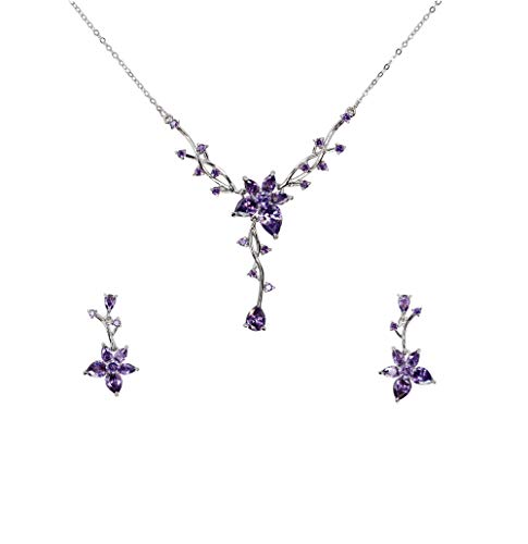 Faship Gorgeous CZ Crystal Floral Necklace Earrings Set - color: Purple