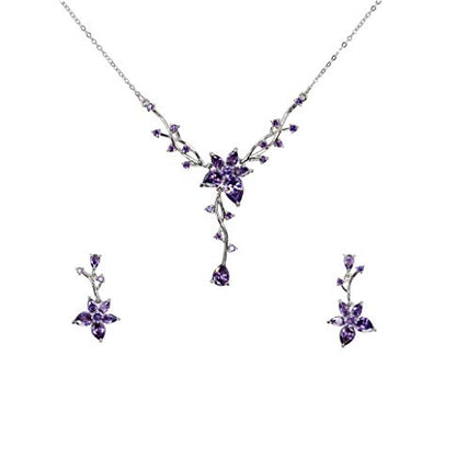 Faship Gorgeous CZ Crystal Floral Necklace Earrings Set - color: Purple