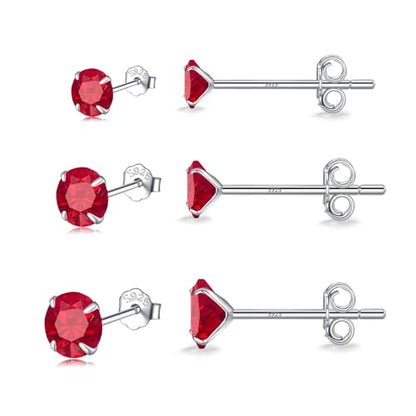 MASOP VOGU 3-5mm Sterling Silver Stud Earrings Set 14K White Gold Plated Hypoallergenic Tiny Round Cut CZ Cubic Zirconia Simulated Diamond Cartilage Studs for Women Men - color: E#Silver-3Pairs(3/4/5mm)-Red CZ