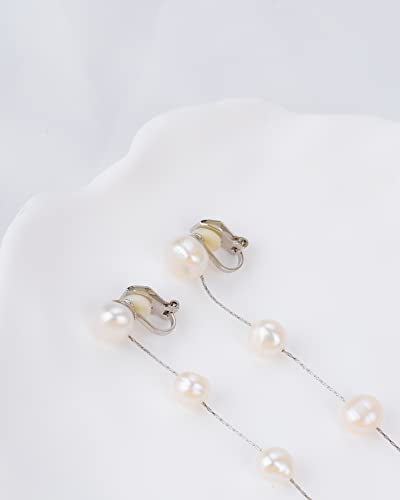 Clip-On Pearl Dangle Earrings - Baroque AAA+ Freshwater Pearl Long Drop Earrings for Women - Elegant Dangling Earrings - color: White Gold