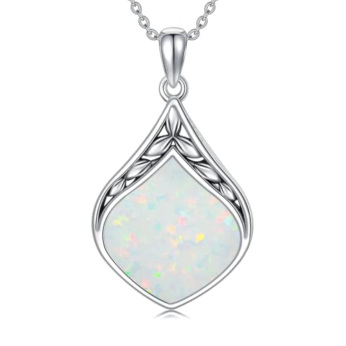 HPQQ Teardrop Necklace 925 Sterling Silver Vintage Natural Gemstone Pendant Jewelry Birthday Mothers Day Gifts for Women Mom - color: Opal