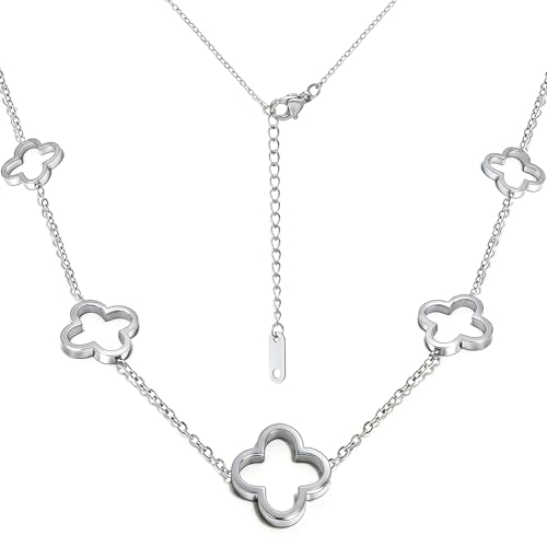 Four Leaf Clover Necklace 18K Gold Plated Necklaces for Women Lucky Flower Pendant Adjustable Link Chain Stainless Steel Dainty Trendy Simple Jewelry Gifts for Women - color: 5G-Silver
