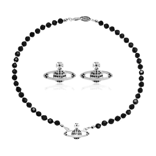 Dreuyet Saturn Pearl Necklace and Earrings Set Crystal Planet Earrings Dainty Artificial Pearl Choker Necklace Charm Gifts for Mum Wife Wedding Birthday Anniversary - color: Black