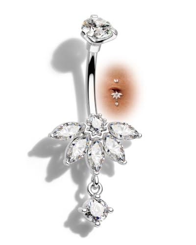 Lotus Belly Button Rings, 14G Dangle Belly Navel Rings for Women, Stainless Steel Belly Navel Piercing Jewelry - color: Silver-10MM