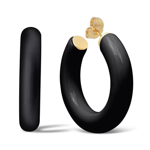 Gold Plated Multicolor Resin Chunky Thick Open Hoop Earrings in 57MM and 37.5MM Diameters - color: Black - Glossy Finish, size: 37.5MM (1.48") Diameter