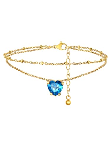 FindChic Bling Heart Birthstone Anklets Layered Beaded Ankle Bracelets for Women Gold/Black/Silver 12 Month Gem Colors Foot Chain Summer Jewelry for Girls, with Gift Box - color: Gold, style: 12. Dec.-Created Blue Topaz(Prong Setting)
