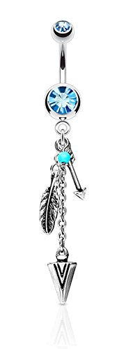 Forbidden Body Jewelry Surgical Steel Tribal Feather and Arrow Charms Synthetic Turquoise Dangle Belly Ring - color: Aqua