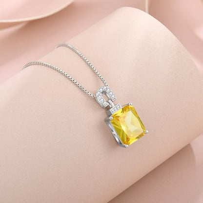 Emerald Cut Birthstone Necklace for Women 925 Sterling Silver | Baguette Birthstone Pendant Necklace, Jewelry for Mom Wife - color: Yellow