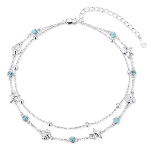 Midir&Etain Beach Anklet Sterling Silver Ocean Layered Rosary Anklet Turquoise Bracelet Double Chain Jewelry Summer Vacation Gift for Women Her - color: Starfish