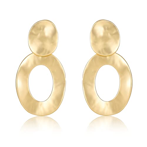 Gold Metal Clip On Earrings for Women Non Pierced Dangle Drop Earrings Multiple Styles - color: gold oval hollow