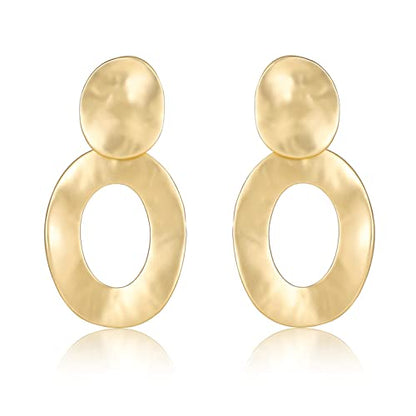 Gold Metal Clip On Earrings for Women Non Pierced Dangle Drop Earrings Multiple Styles - color: gold oval hollow