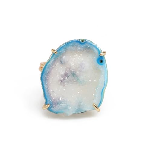 Elegant Geode Druzy Gemstone Statement Ring for Women, Adjustable Ring, Gold Plated Stone Size 20-25mm - color: Aqua, style: 1