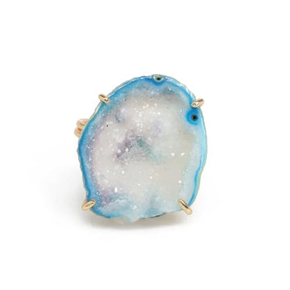 Elegant Geode Druzy Gemstone Statement Ring for Women, Adjustable Ring, Gold Plated Stone Size 20-25mm - color: Aqua, style: 1