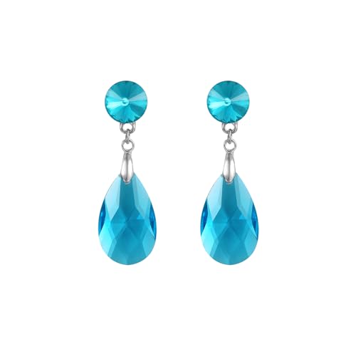 Round and Teardrop Crystal Stud Dangle Earrings Hypoallergenic Gold Plated Birthstone Drop Earrings Trendy Evening Prom Pageant Jewelry Gift for Women - color: light blue