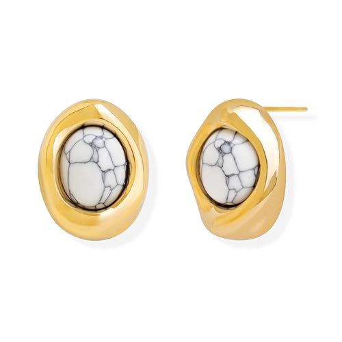 Jean Beau Chunky Gold Stone Stud Earrings for Women, Trendy Natural Gemstone Hypoallergenic Earing Valentine Jewelry Gift - color: White Turquoise