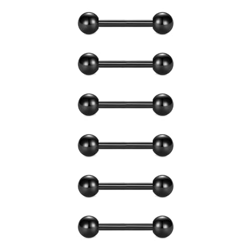 VCMART 12mm-18mm 14G Tongue Rings Nipple Straight Barbells Surgical Steel Body Piercing Jewelry - style: Style D -6pcs, black