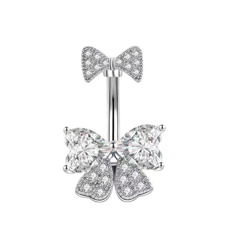14G Rhinestone Bowknot Belly Button Ring for Women - Stainless Steel CZ Crystal Bow Navel Curved Barbell - Sparkling Body Piercing Jewelry - color: White