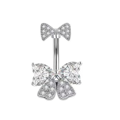 14G Rhinestone Bowknot Belly Button Ring for Women - Stainless Steel CZ Crystal Bow Navel Curved Barbell - Sparkling Body Piercing Jewelry - color: White