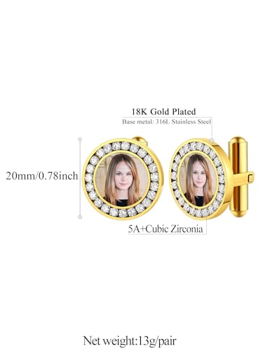 FindChic Stainless Steel Round Cufflinks with Custom Text/Picture/Monogram Letters 18K Gold Plated/Black Color for Men Groom Suits Shirts, with Gift Box - style: 02. CZ custom photo-round (gold plated)