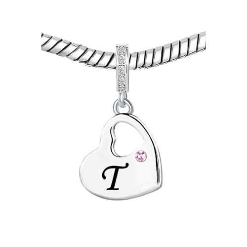 KunBead Initial A-Z Letter Pink Heart Alphabet Birthday Dangle Love Charms Compatible with Pandora Charm Bracelet for Auntie Friend Sister Mom Daughter Nana Granddaughter Wife - style: Letter T