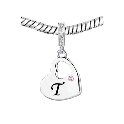 KunBead Initial A-Z Letter Pink Heart Alphabet Birthday Dangle Love Charms Compatible with Pandora Charm Bracelet for Auntie Friend Sister Mom Daughter Nana Granddaughter Wife - style: Letter T