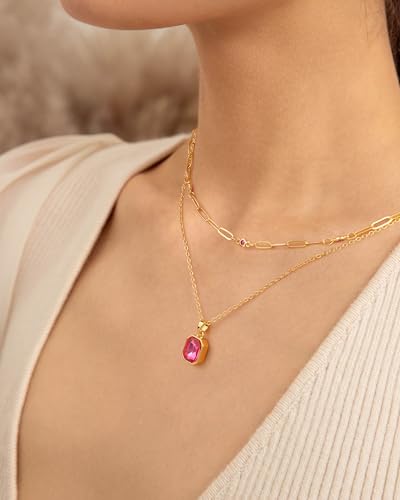 Gold Layered Necklaces for Women, 18k Gold Plated Crystal Necklace Paperclip Choker Emerald Green Jewelry for Women Gifts - color: Rose Pink