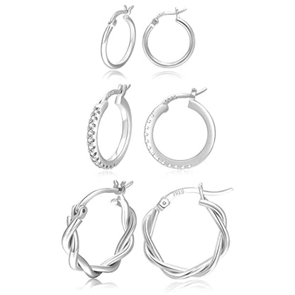 PABBEU 925 Sterling Silver Small Hoop Earrings Set for Women Hypoallergenic | 3Pairs Cubic Zirconia Small Huggie Hoop Earrings Set 13/15/20mm,Nickel-Free Lightweight Comfortable Sleeper Earrings Gift Set - color: 13/15/20mm HMT Silver