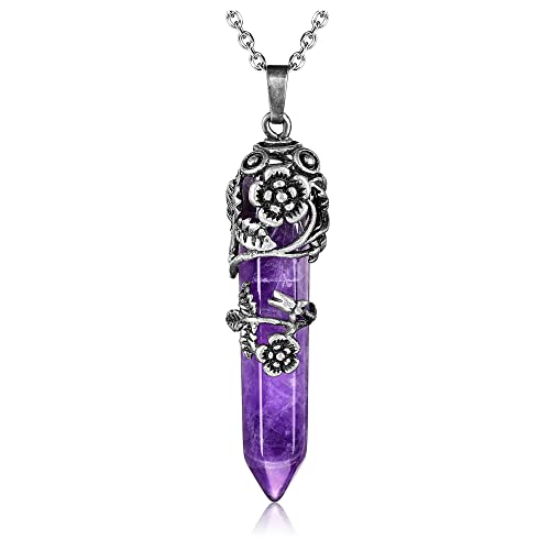 Top Plaza Flower Wrapped Natural Purple Amethyst Crystal Necklace | Antique Silver Healing Crystal Gemstone Necklaces for Women Mothers Day Mom Gifts - color: Amethyst