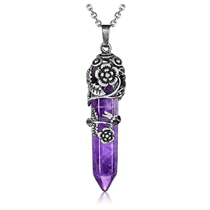 Top Plaza Flower Wrapped Natural Purple Amethyst Crystal Necklace | Antique Silver Healing Crystal Gemstone Necklaces for Women Mothers Day Mom Gifts - color: Amethyst