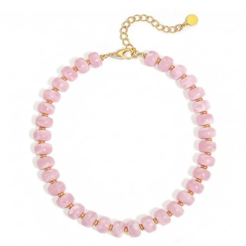 Chunky Beaded Necklace for Women, Colorful Boho Statement Necklace, Gold Chunky Resin Large Bead Necklace, Waterproof Summer Beach Jewelry Gifts for Women - color: Pink