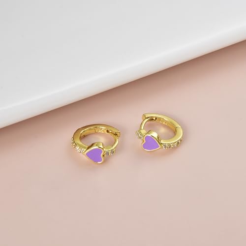 Enamel Heart Huggie Hoop Earrings with Cubic Zirconia Silver Small Hinged Hoops for Women - color: Heart Purple Enamel