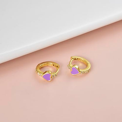 Enamel Heart Huggie Hoop Earrings with Cubic Zirconia Silver Small Hinged Hoops for Women - color: Heart Purple Enamel
