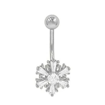 Dainty Flower Dangle Belly Button Ring CZ Crystal Snowflake Navel Barbell Rings Dangling Christmas Body Piercing Jewelry for Women - color: Silver